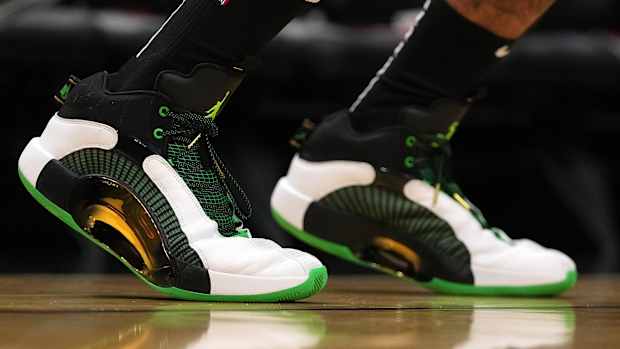 View of Jayson Tatum's shoes.
